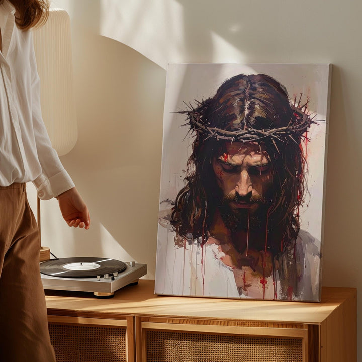 Jesus Crown of Thorns Portrait Canvas – Minimalist Christian Wall Art of Sorrow and Sacred Sacrifice - Gifitto
