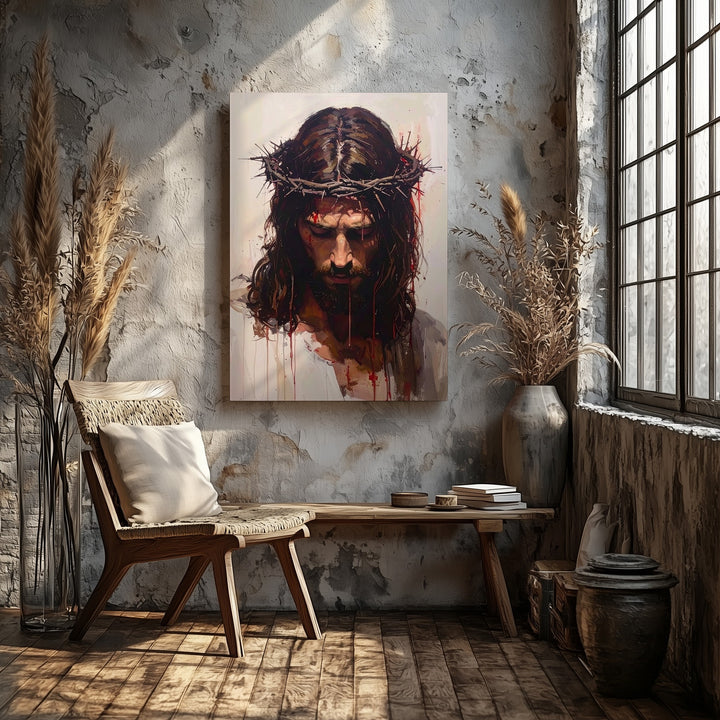 Jesus Crown of Thorns Portrait Canvas – Minimalist Christian Wall Art of Sorrow and Sacred Sacrifice - Gifitto