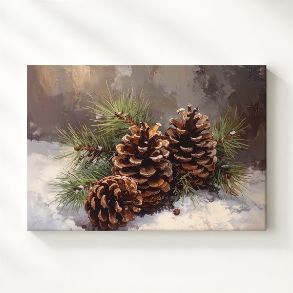 Snowy Pinecone Still Life Canvas – Rustic Woodland Winter Art - Gifitto