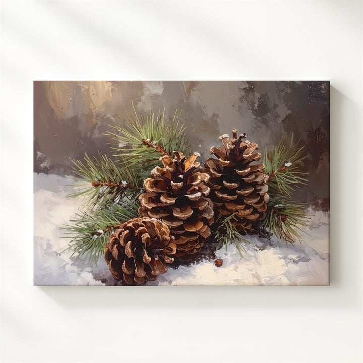 Snowy Pinecone Still Life Canvas – Rustic Woodland Winter Art - Gifitto