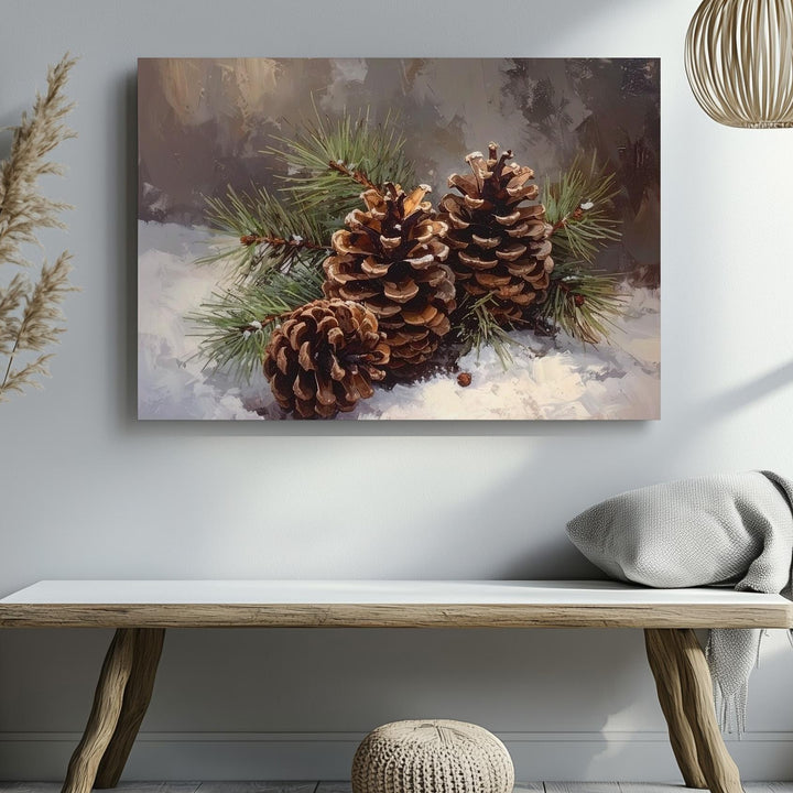 Snowy Pinecone Still Life Canvas – Rustic Woodland Winter Art - Gifitto