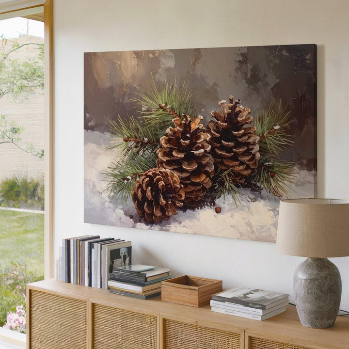 Snowy Pinecone Still Life Canvas – Rustic Woodland Winter Art - Gifitto