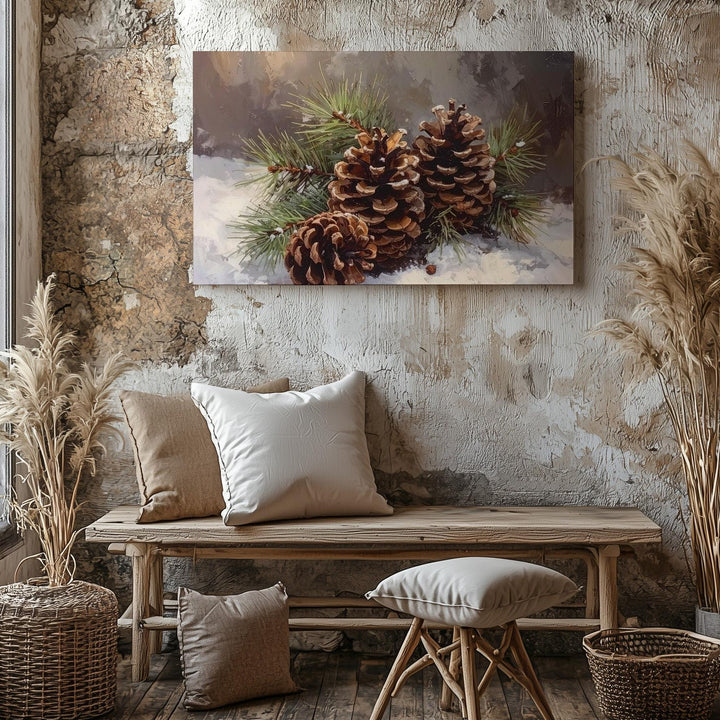 Snowy Pinecone Still Life Canvas – Rustic Woodland Winter Art - Gifitto