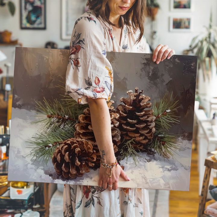 Snowy Pinecone Still Life Canvas – Rustic Woodland Winter Art - Gifitto
