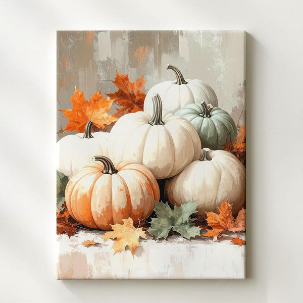White, Orange & Sage Pumpkin Canvas – Rustic Elegant Fall Still Life - Gifitto
