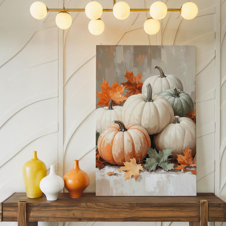 White, Orange & Sage Pumpkin Canvas – Rustic Elegant Fall Still Life - Gifitto