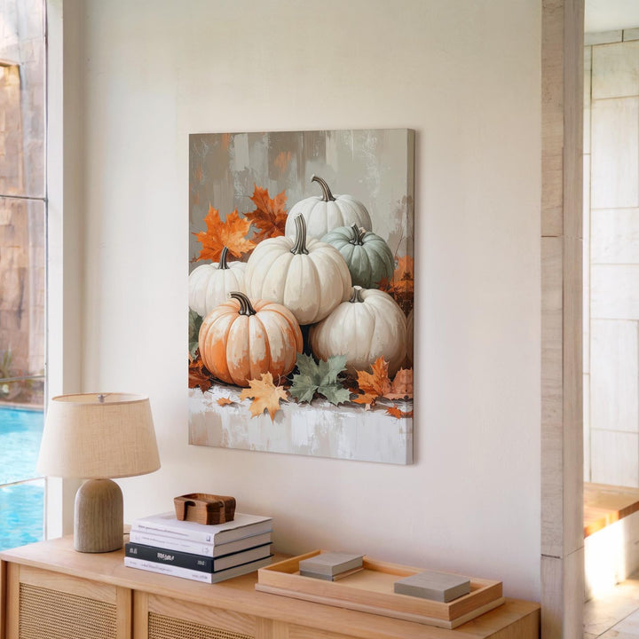 White, Orange & Sage Pumpkin Canvas – Rustic Elegant Fall Still Life - Gifitto