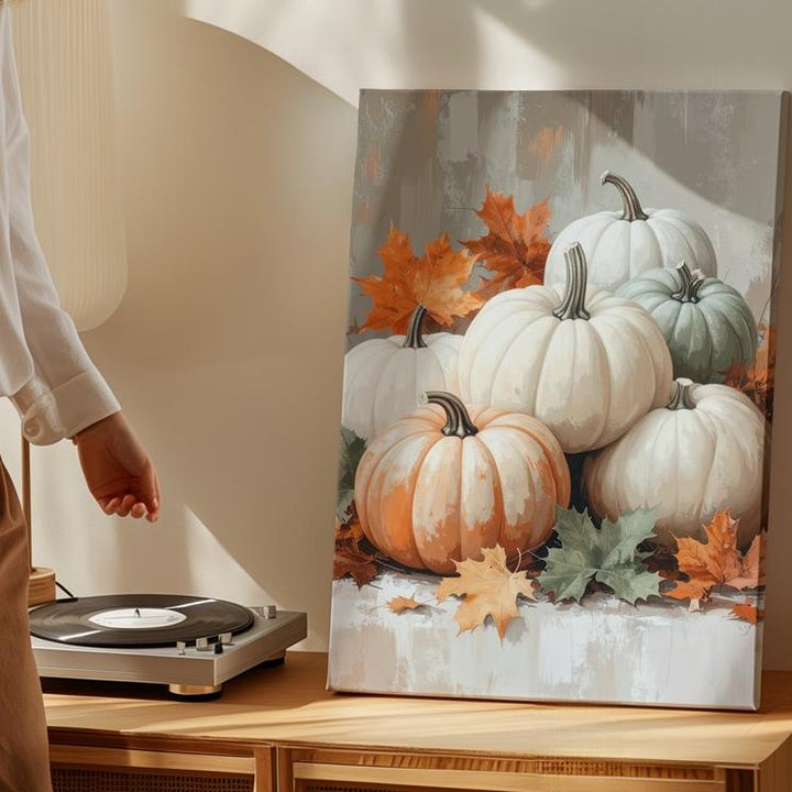 White, Orange & Sage Pumpkin Canvas – Rustic Elegant Fall Still Life - Gifitto