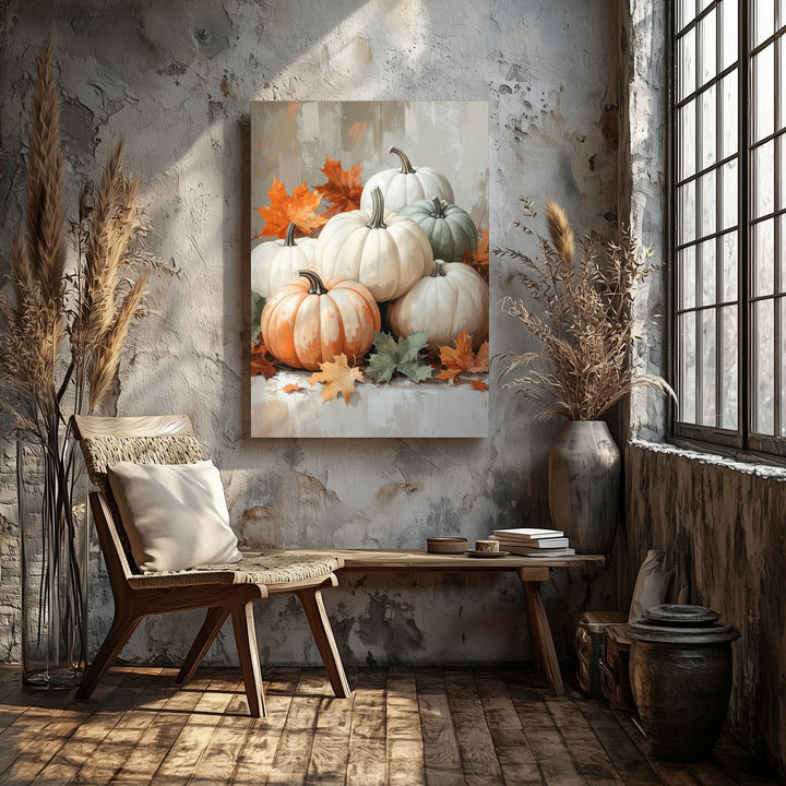 White, Orange & Sage Pumpkin Canvas – Rustic Elegant Fall Still Life - Gifitto