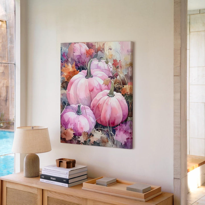 Pastel Pink Pumpkin Patch Canvas – Elegant Autumn Foliage Wall Art - Gifitto