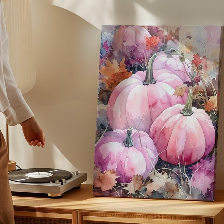 Pastel Pink Pumpkin Patch Canvas – Elegant Autumn Foliage Wall Art - Gifitto