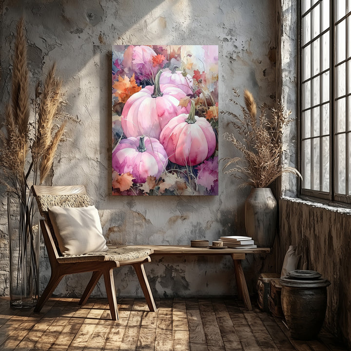 Pastel Pink Pumpkin Patch Canvas – Elegant Autumn Foliage Wall Art - Gifitto