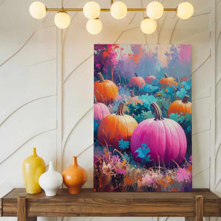 Surreal Pumpkin Patch Canvas – Vibrant Pink & Orange Halloween Art - Gifitto