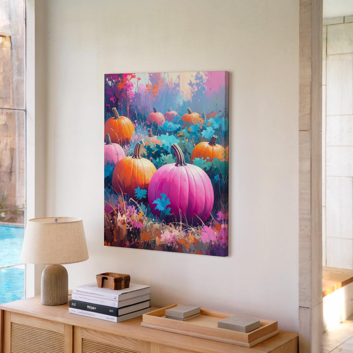 Surreal Pumpkin Patch Canvas – Vibrant Pink & Orange Halloween Art - Gifitto