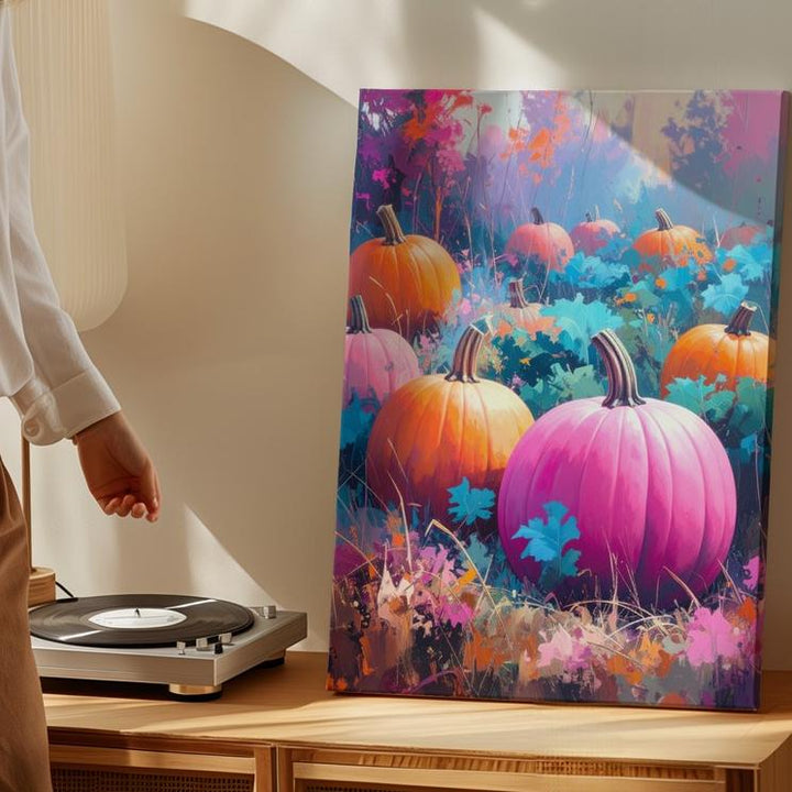 Surreal Pumpkin Patch Canvas – Vibrant Pink & Orange Halloween Art - Gifitto