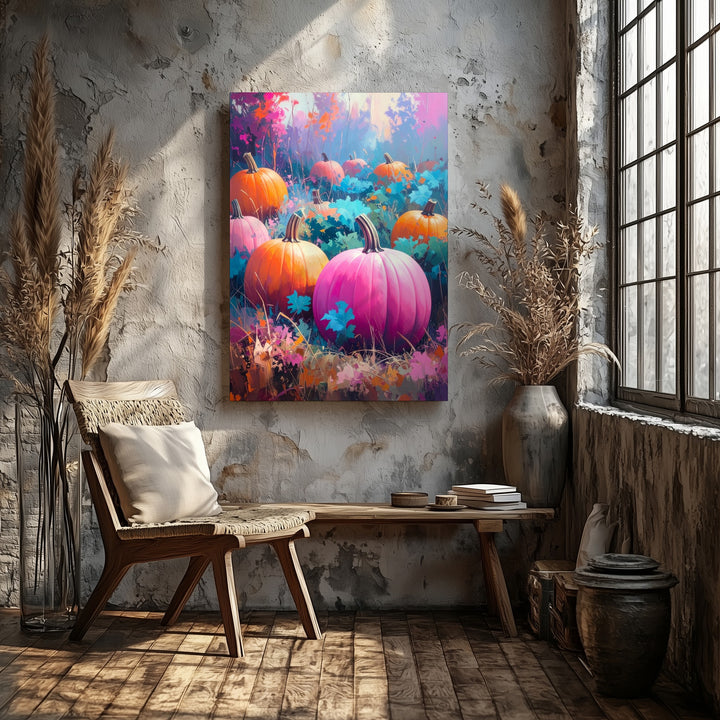 Surreal Pumpkin Patch Canvas – Vibrant Pink & Orange Halloween Art - Gifitto