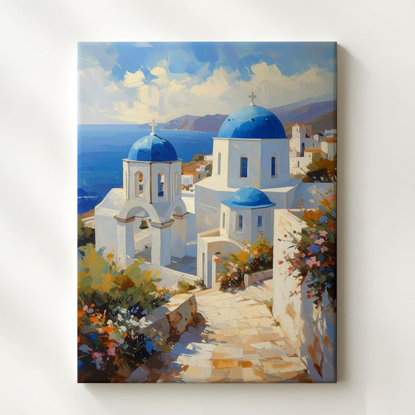 Greek Coastal Church Canvas – Serene Christian Wall Art of Mediterranean Architecture and Seaside Tranquility - Gifitto