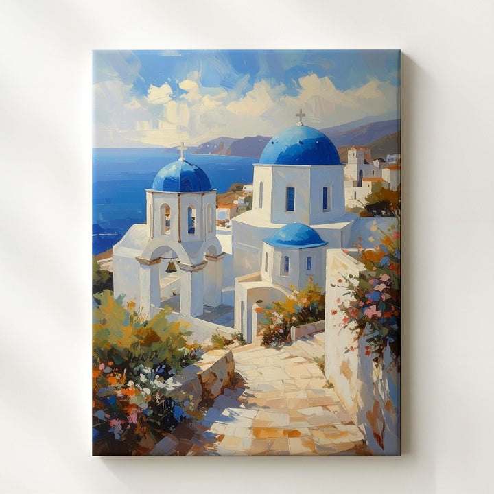 Greek Coastal Church Canvas – Serene Christian Wall Art of Mediterranean Architecture and Seaside Tranquility - Gifitto