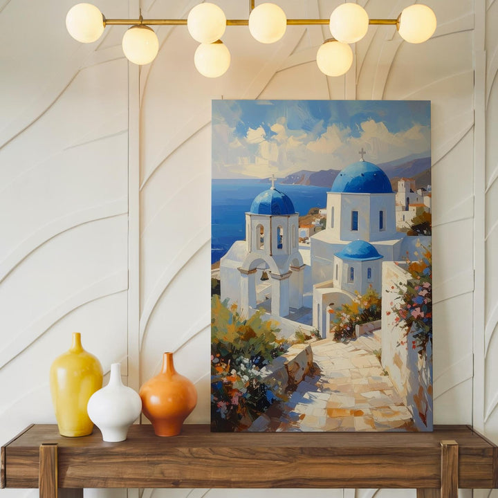 Greek Coastal Church Canvas – Serene Christian Wall Art of Mediterranean Architecture and Seaside Tranquility - Gifitto