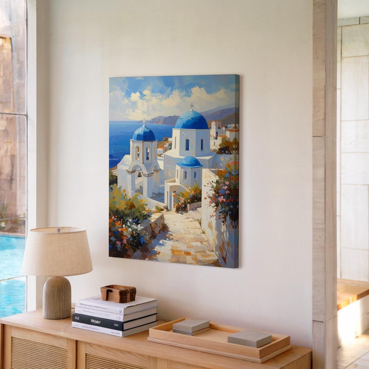 Greek Coastal Church Canvas – Serene Christian Wall Art of Mediterranean Architecture and Seaside Tranquility - Gifitto