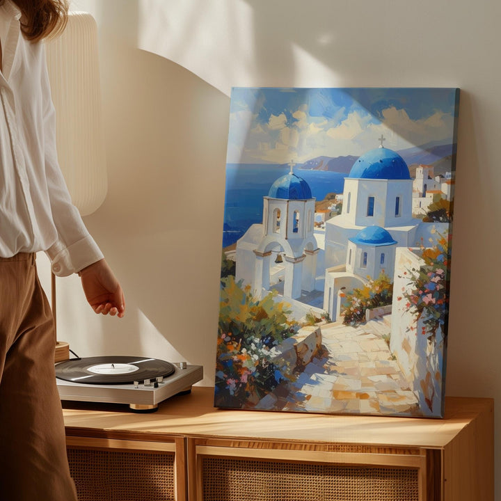 Greek Coastal Church Canvas – Serene Christian Wall Art of Mediterranean Architecture and Seaside Tranquility - Gifitto