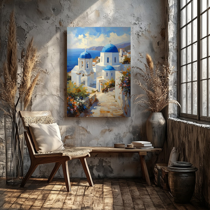 Greek Coastal Church Canvas – Serene Christian Wall Art of Mediterranean Architecture and Seaside Tranquility - Gifitto
