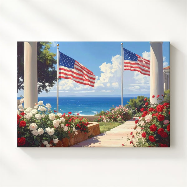 Coastal Flag Walkway Canvas – Patriotic Roses & Seaside Summer Wall Art - Gifitto
