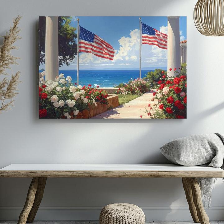 Coastal Flag Walkway Canvas – Patriotic Roses & Seaside Summer Wall Art - Gifitto