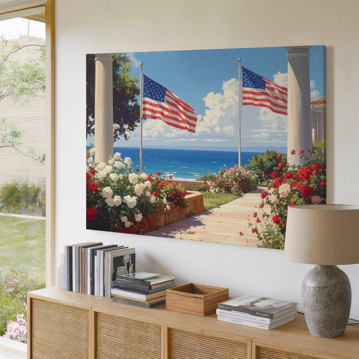 Coastal Flag Walkway Canvas – Patriotic Roses & Seaside Summer Wall Art - Gifitto
