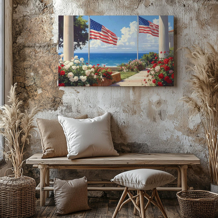 Coastal Flag Walkway Canvas – Patriotic Roses & Seaside Summer Wall Art - Gifitto