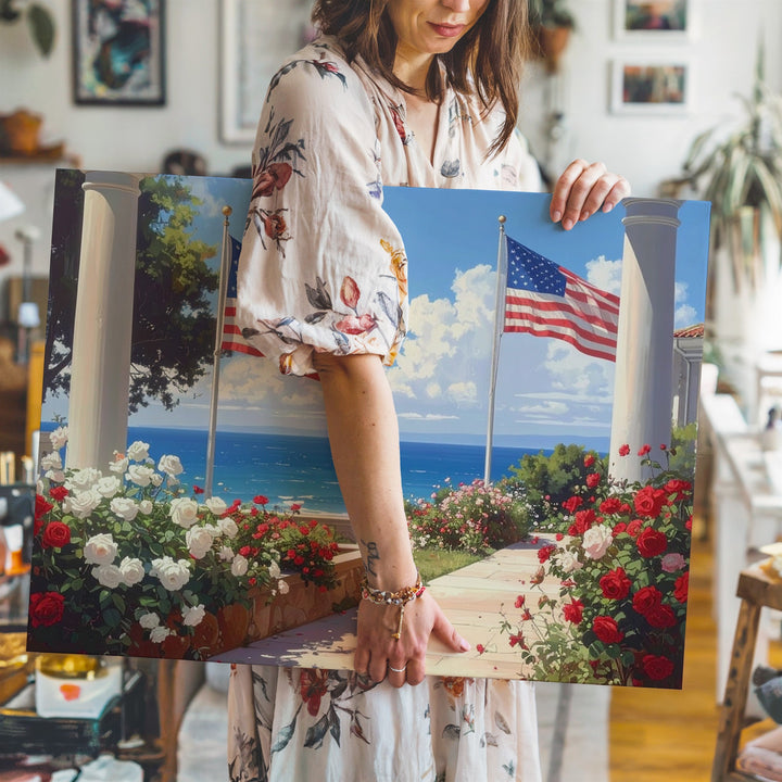 Coastal Flag Walkway Canvas – Patriotic Roses & Seaside Summer Wall Art - Gifitto