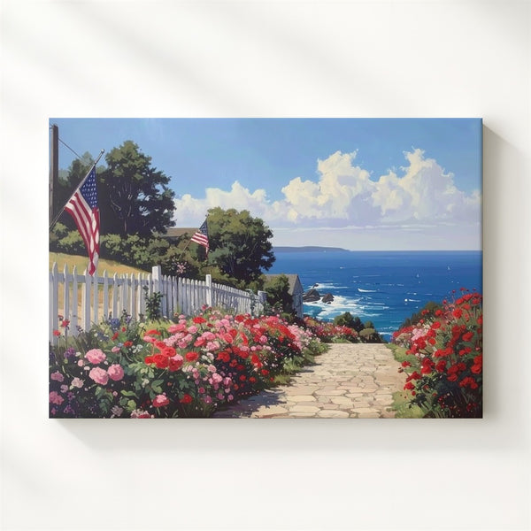 Coastal Cobblestone Path Canvas – Patriotic Summer Floral Seaside Wall Art - Gifitto