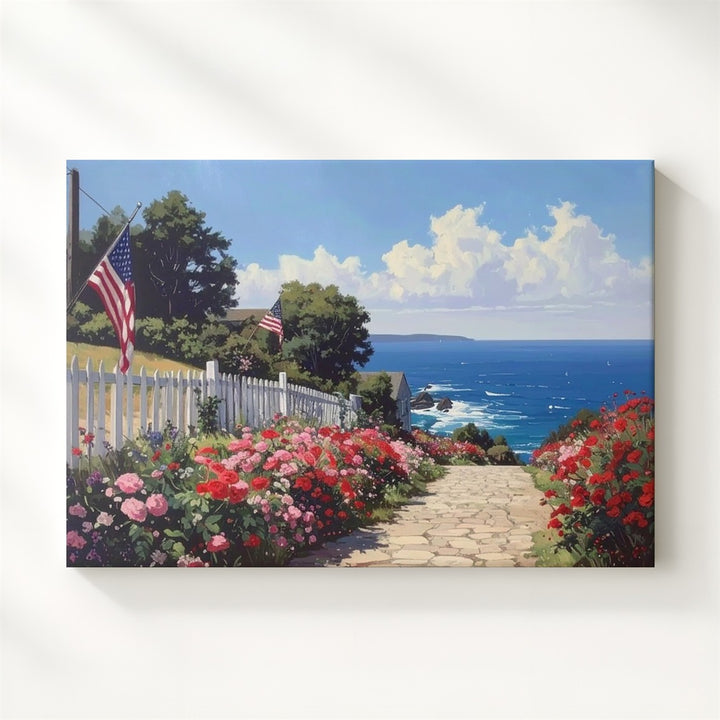 Coastal Cobblestone Path Canvas – Patriotic Summer Floral Seaside Wall Art - Gifitto