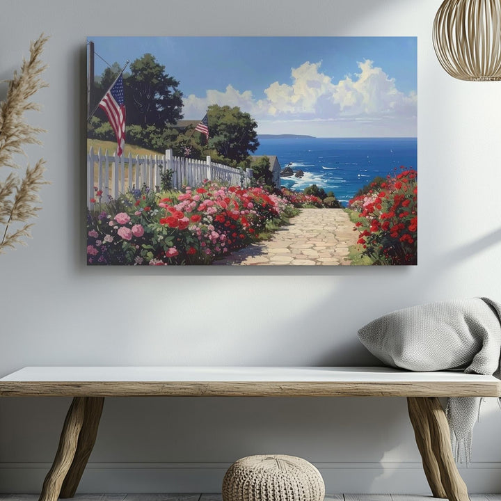 Coastal Cobblestone Path Canvas – Patriotic Summer Floral Seaside Wall Art - Gifitto