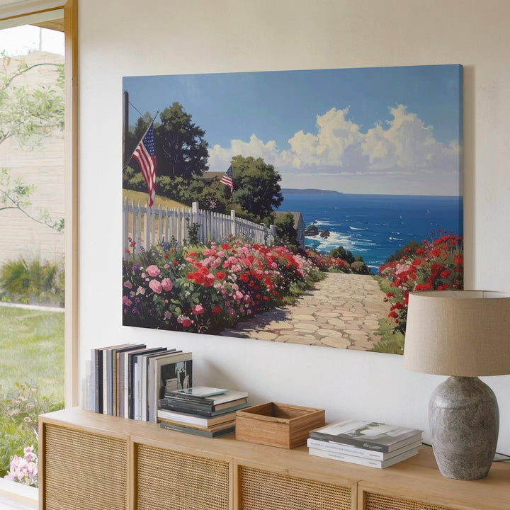 Coastal Cobblestone Path Canvas – Patriotic Summer Floral Seaside Wall Art - Gifitto