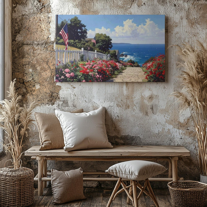 Coastal Cobblestone Path Canvas – Patriotic Summer Floral Seaside Wall Art - Gifitto
