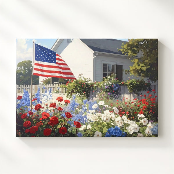 Cottage Garden Glory Canvas – Red, White & Blue Florals with American Flag Wall Art - Gifitto