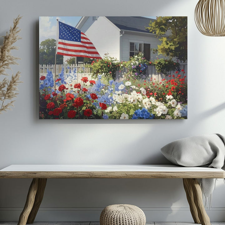 Cottage Garden Glory Canvas – Red, White & Blue Florals with American Flag Wall Art - Gifitto