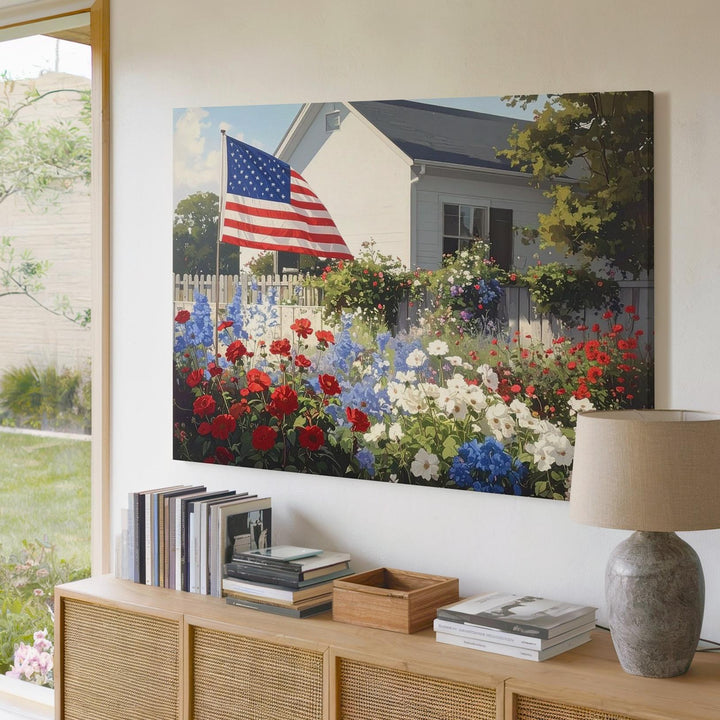 Cottage Garden Glory Canvas – Red, White & Blue Florals with American Flag Wall Art - Gifitto