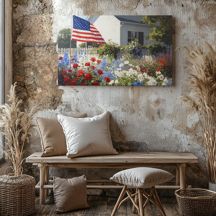 Cottage Garden Glory Canvas – Red, White & Blue Florals with American Flag Wall Art - Gifitto