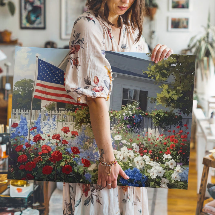 Cottage Garden Glory Canvas – Red, White & Blue Florals with American Flag Wall Art - Gifitto