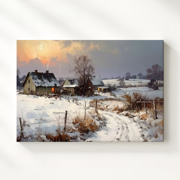 Dusk at the Homestead Canvas – Peaceful Winter Path & Glowing Windows - Gifitto
