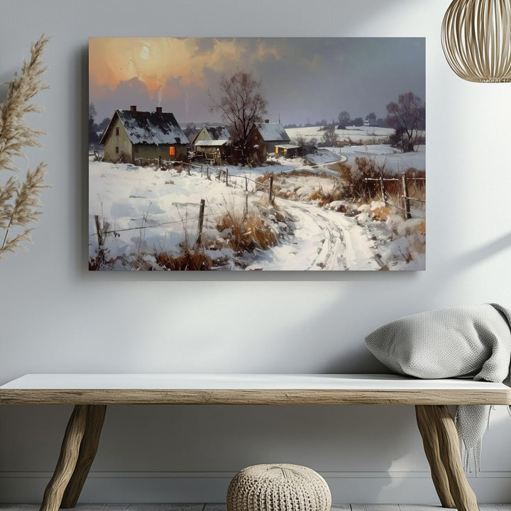 Dusk at the Homestead Canvas – Peaceful Winter Path & Glowing Windows - Gifitto