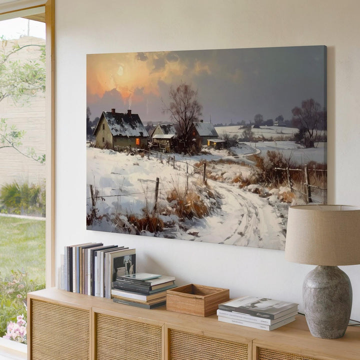 Dusk at the Homestead Canvas – Peaceful Winter Path & Glowing Windows - Gifitto