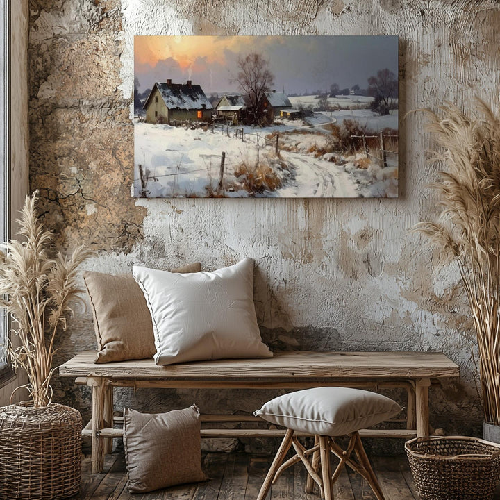 Dusk at the Homestead Canvas – Peaceful Winter Path & Glowing Windows - Gifitto