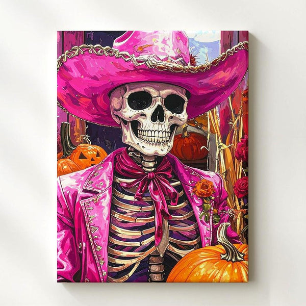 Feathered Cowboy Skeleton Canvas – Bright Pink Western Halloween Art with Pumpkins - Gifitto