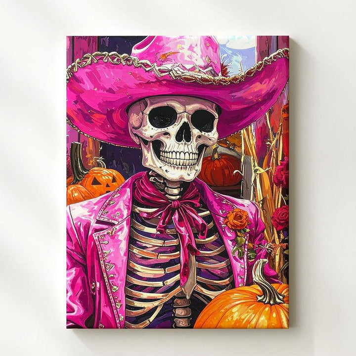 Feathered Cowboy Skeleton Canvas – Bright Pink Western Halloween Art with Pumpkins - Gifitto