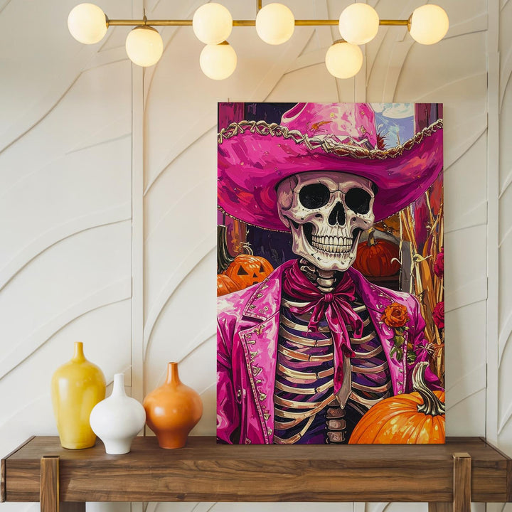 Feathered Cowboy Skeleton Canvas – Bright Pink Western Halloween Art with Pumpkins - Gifitto