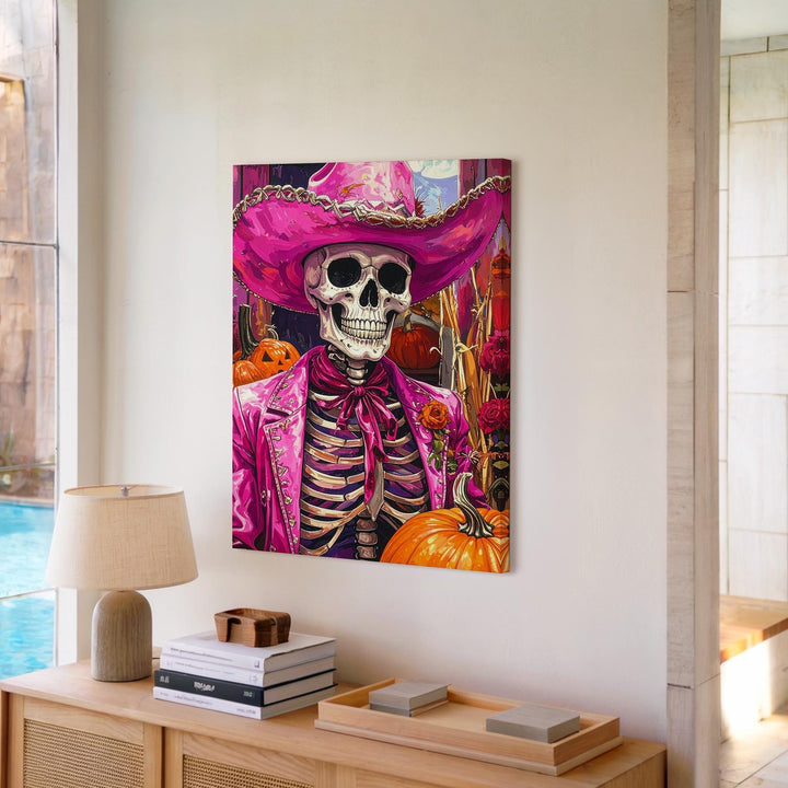 Feathered Cowboy Skeleton Canvas – Bright Pink Western Halloween Art with Pumpkins - Gifitto