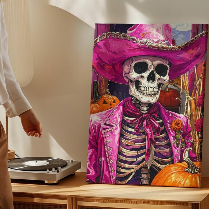 Feathered Cowboy Skeleton Canvas – Bright Pink Western Halloween Art with Pumpkins - Gifitto